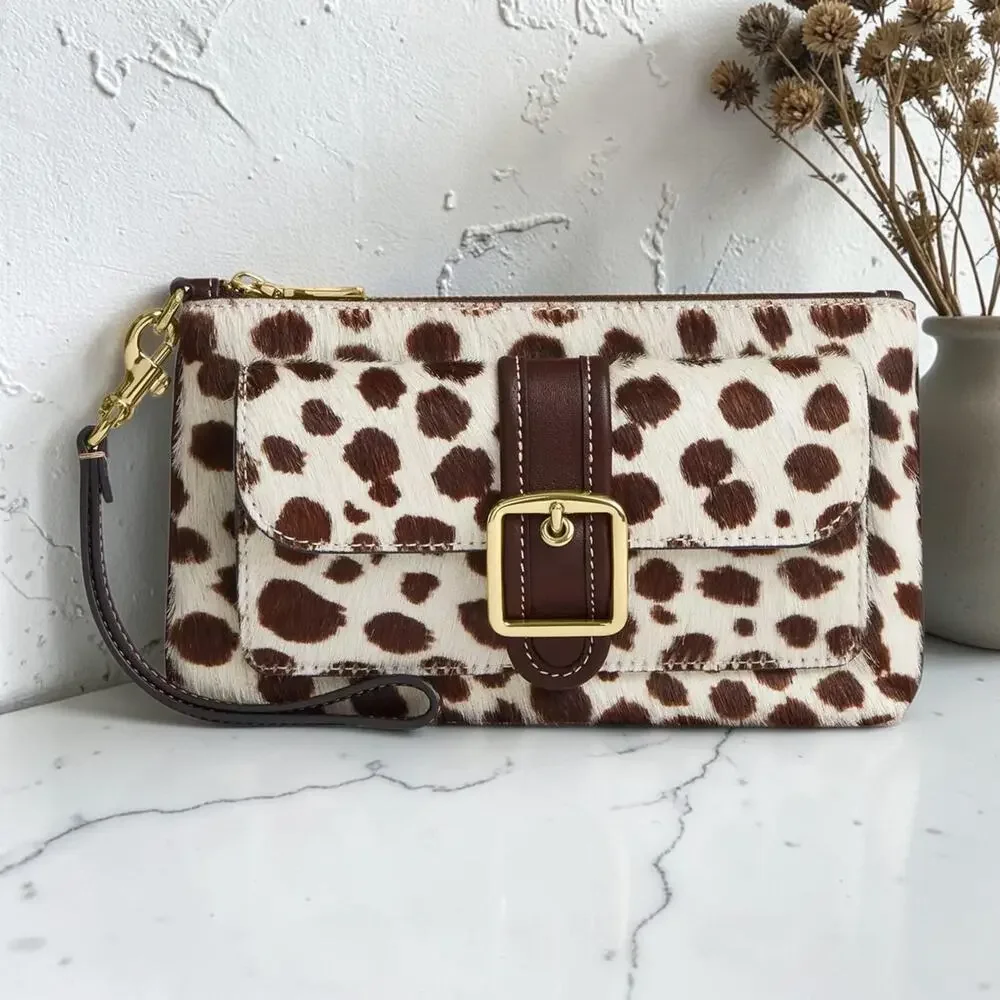 Coach Ashton Wristlet In Haircalf Gold/Dark Brown Chalk Cheetah Print CEN13 NWT